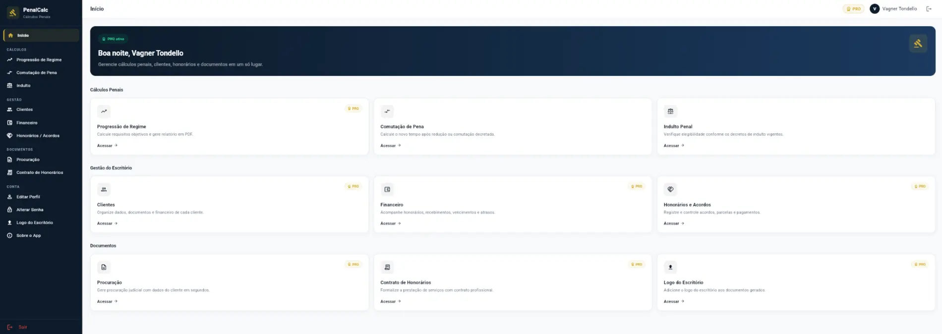 Página inicial real da versão web do PenalCalc, com cálculos, clientes, financeiro, honorários e documentos
